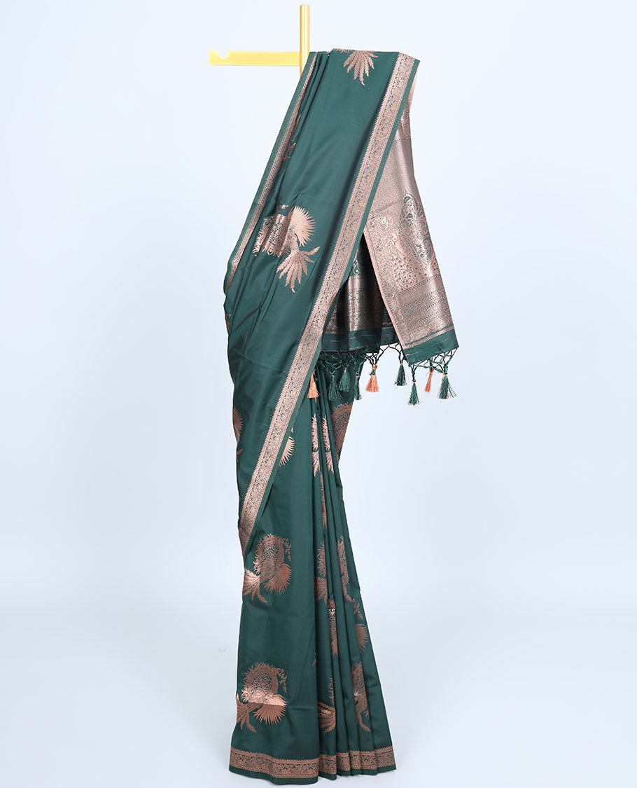 Pink butter silk saree with zari buttas, zari traditional design border & pallu of peacock designs
