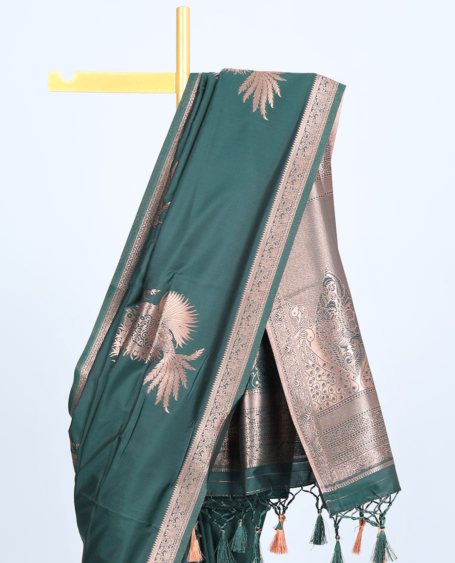 Pink butter silk saree with zari buttas, zari traditional design border & pallu of peacock designs