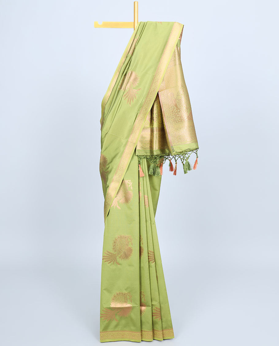 Pink butter silk saree with zari buttas, zari traditional design border & pallu of peacock designs