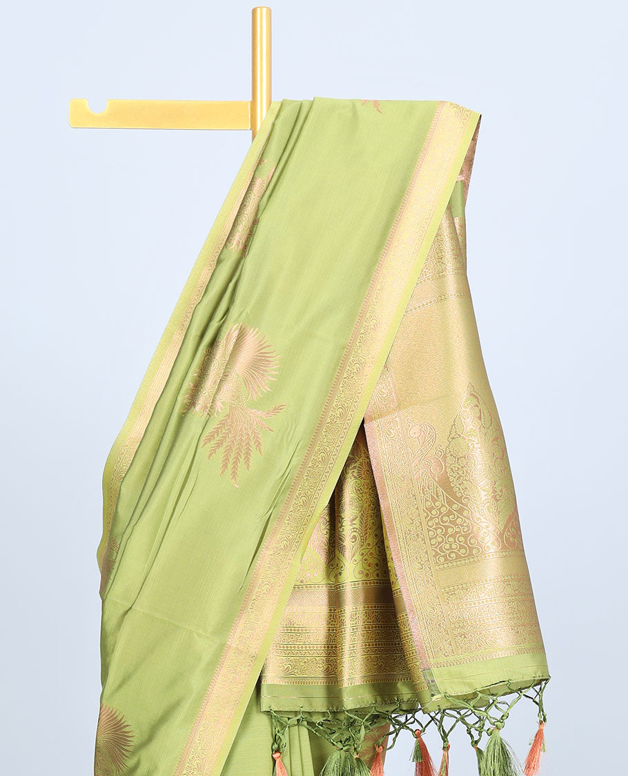 Pink butter silk saree with zari buttas, zari traditional design border & pallu of peacock designs