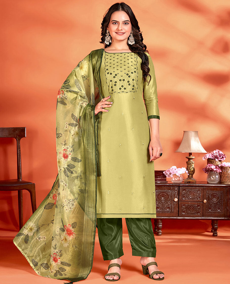 Green chudidhar material, floral embroidered chanderi top, contrast cotton bottom & floral printed chiffon dupatta