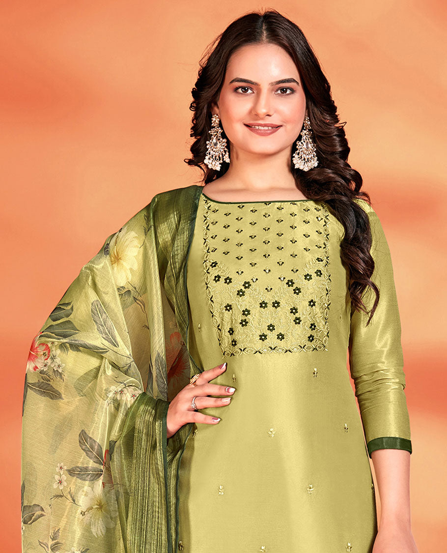 Green chudidhar material, floral embroidered chanderi top, contrast cotton bottom & floral printed chiffon dupatta