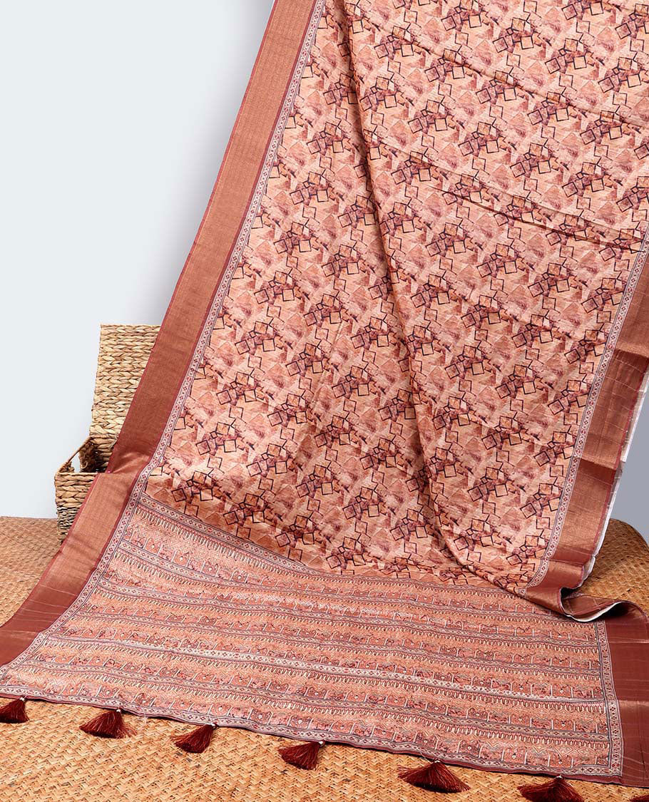 Orange geometric printed casual wear saree, zari border & intricately designed pallu