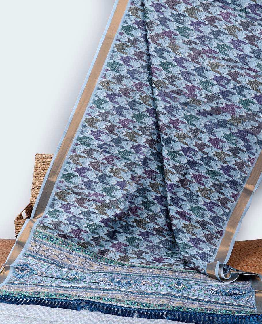 Multi-color abstract-style printed casual wear saree, zari border & pallu of ajrakh-style design print