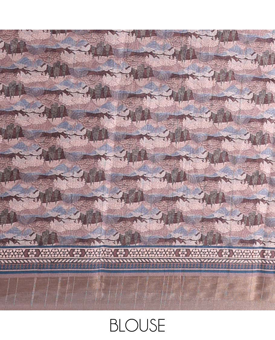 Multi-color nature-themed flora printed casual wear saree, self-border & pallu of intricate designs