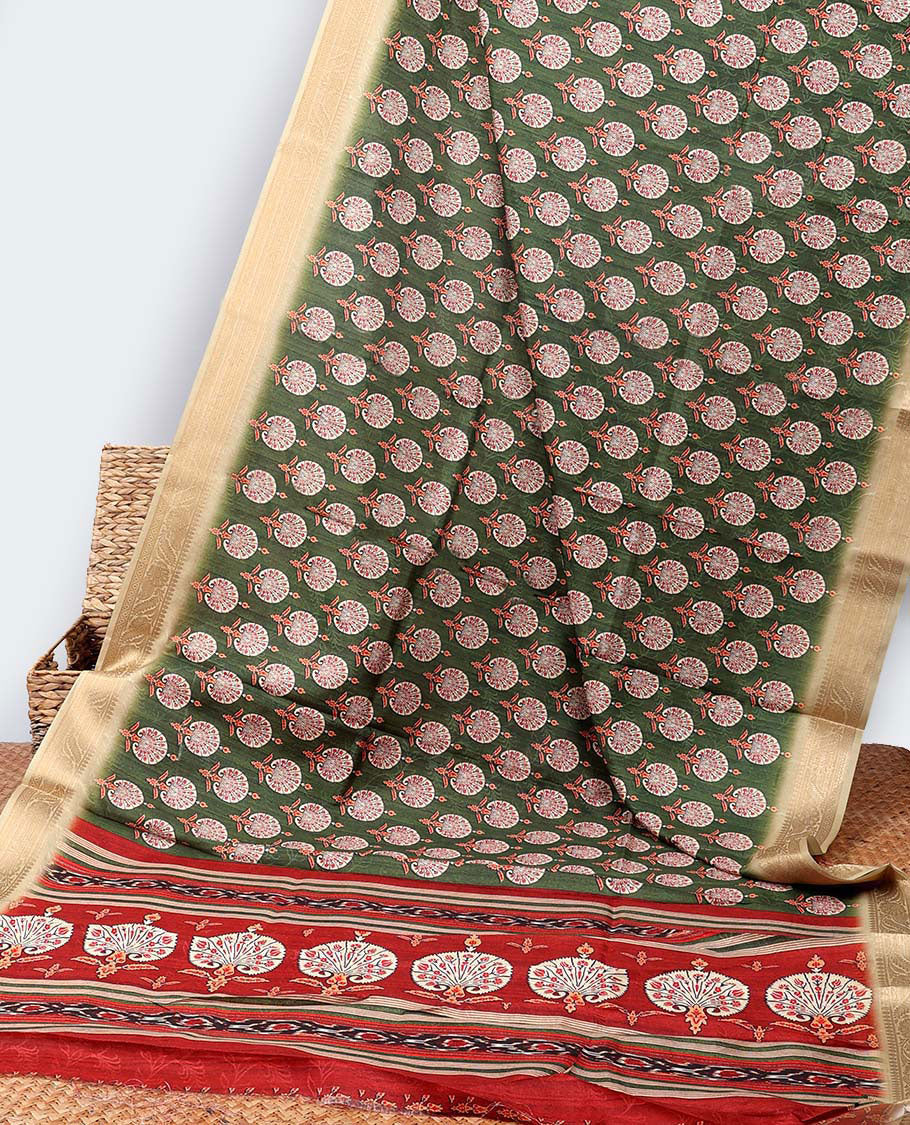 Green printed casual wear saree with unique buttas, contrast traditional design border & intricately printed pallu