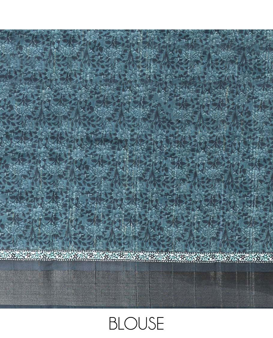 Blue floral printed casual wear saree, contrast border & pallu of intricate design print