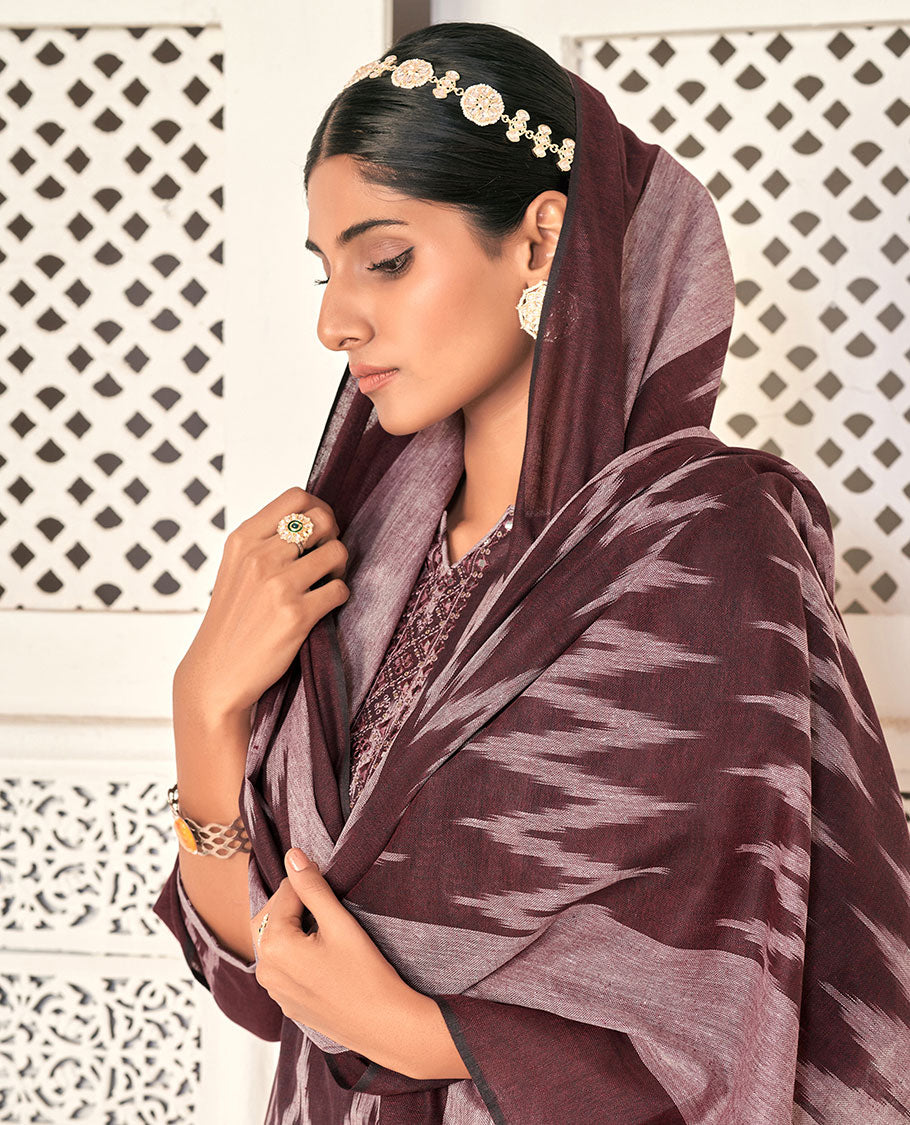 Brown cotton material chudidhar set, ikkat buttas & neck embroidery top, contrast bottom & dupatta of ikkat designs