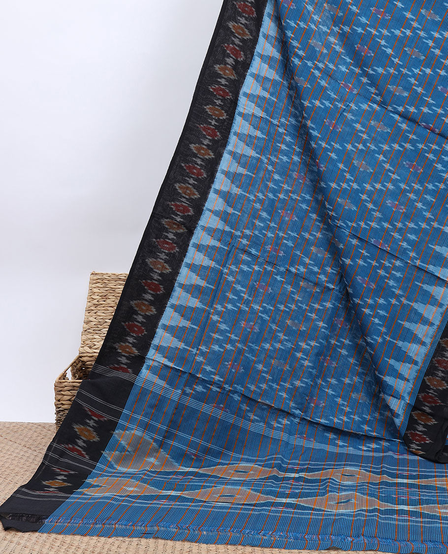 Blue argyle design & stripe ikkat cotton saree, contrast ikkat design border & pallu of unique designs