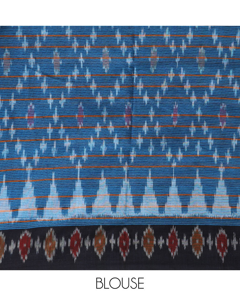 Blue argyle design & stripe ikkat cotton saree, contrast ikkat design border & pallu of unique designs