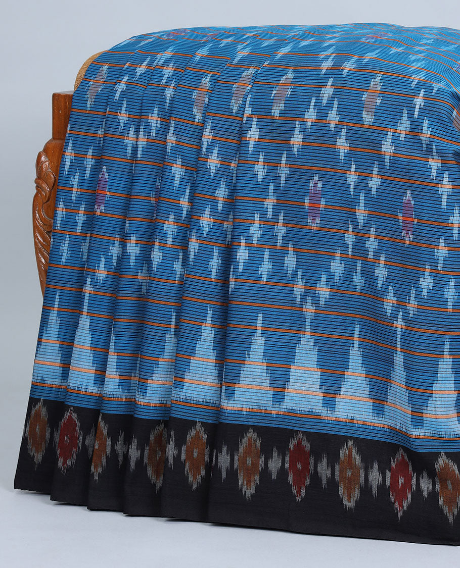 Blue argyle design & stripe ikkat cotton saree, contrast ikkat design border & pallu of unique designs