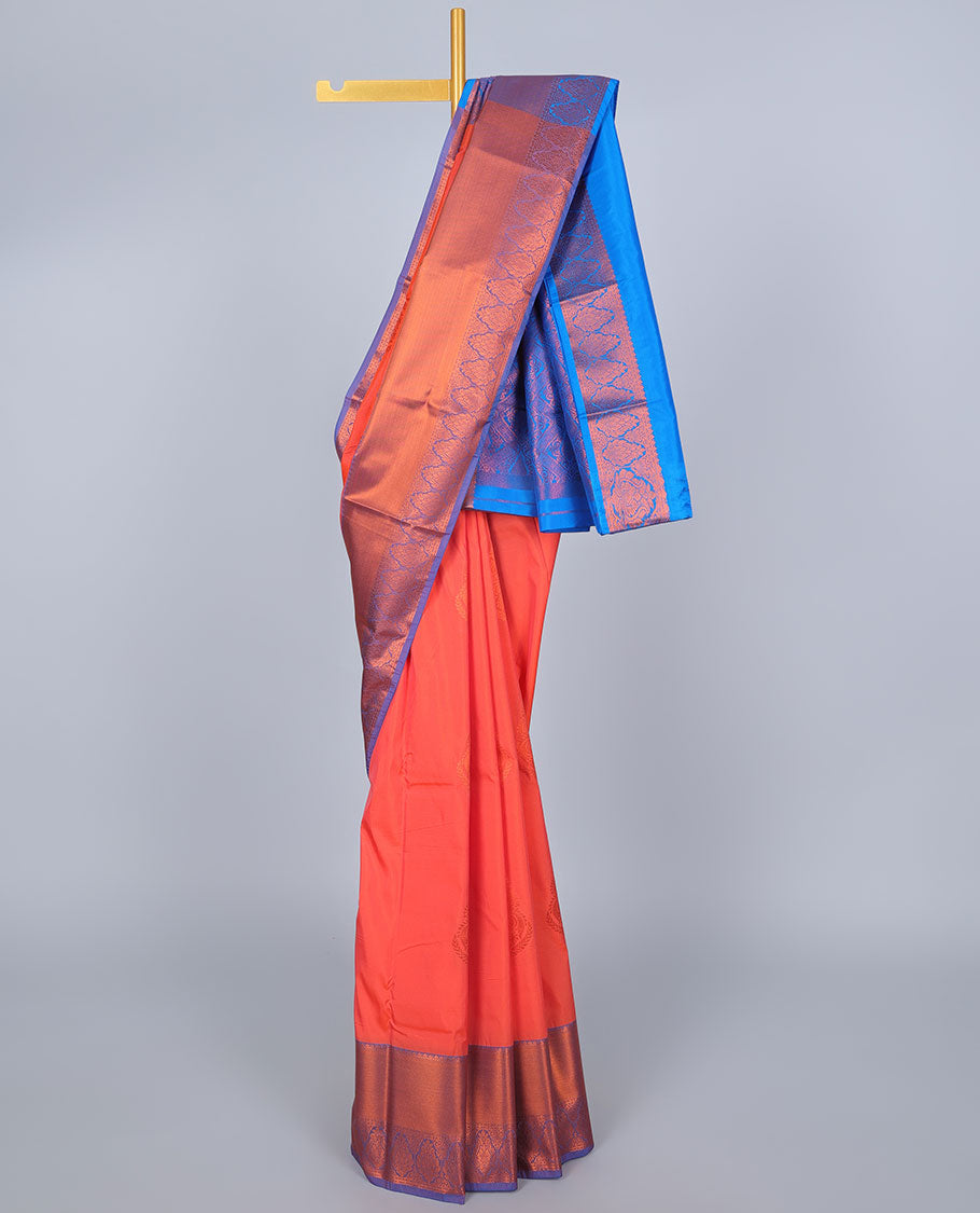 Orange aarani gift saree with zari buttas, contrast traditional zari design border & pallu of jaal designs