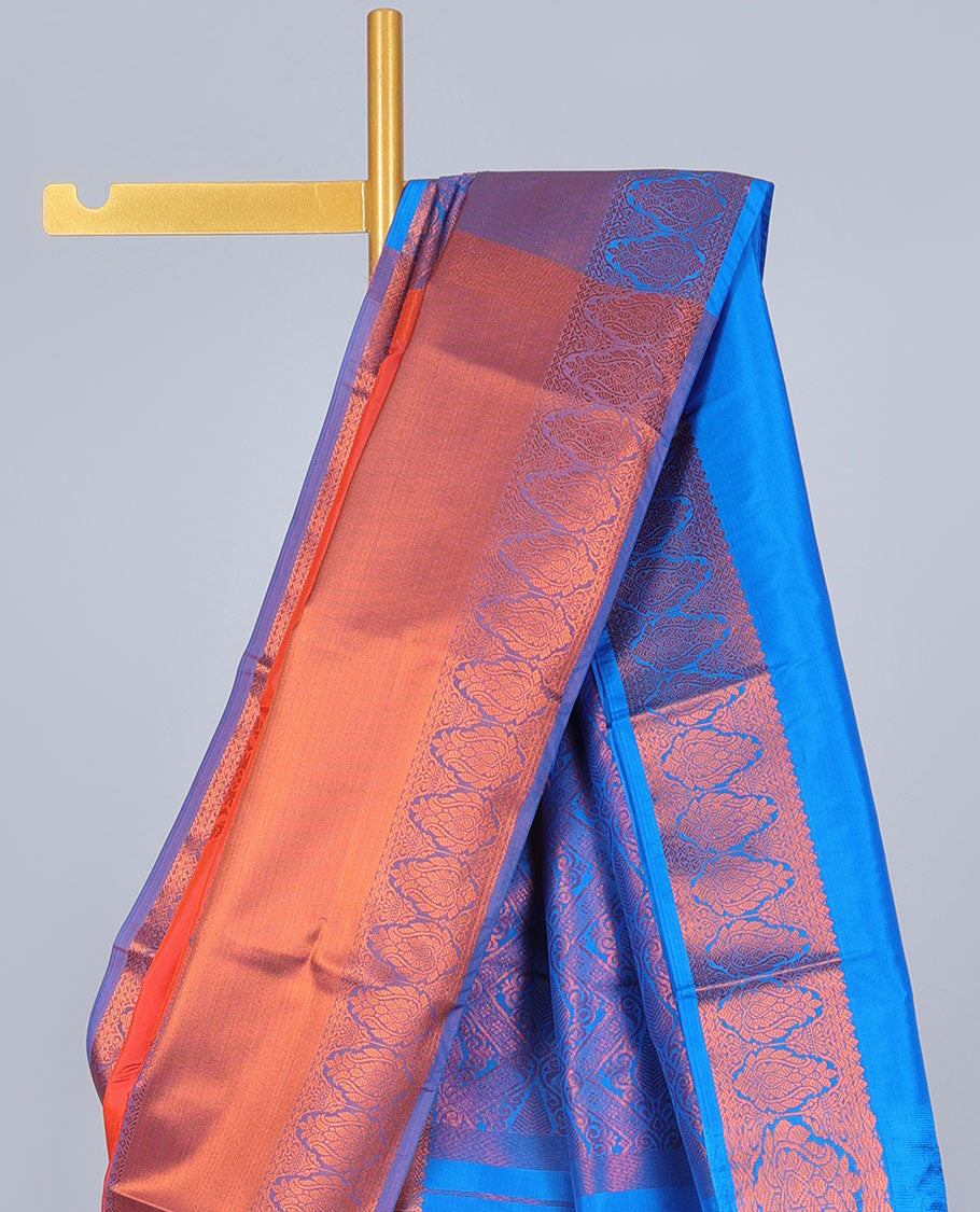 Orange aarani gift saree with zari buttas, contrast traditional zari design border & pallu of jaal designs