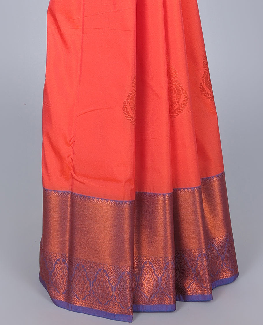 Orange aarani gift saree with zari buttas, contrast traditional zari design border & pallu of jaal designs