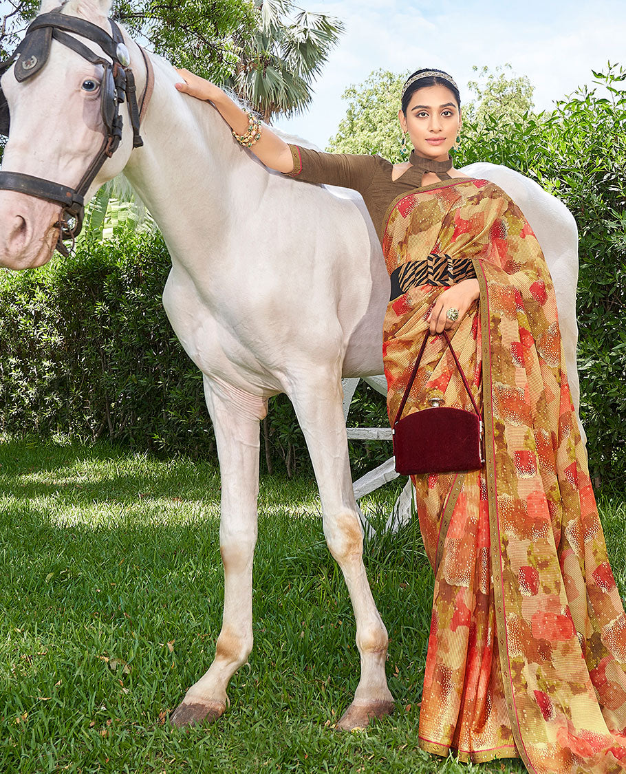 Yellow abstract-style casual wear brasso saree, contrast microstone work border