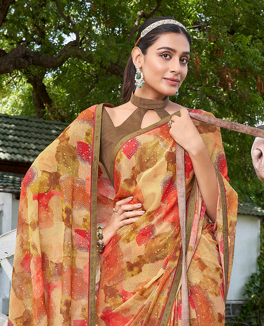Yellow abstract-style casual wear brasso saree, contrast microstone work border