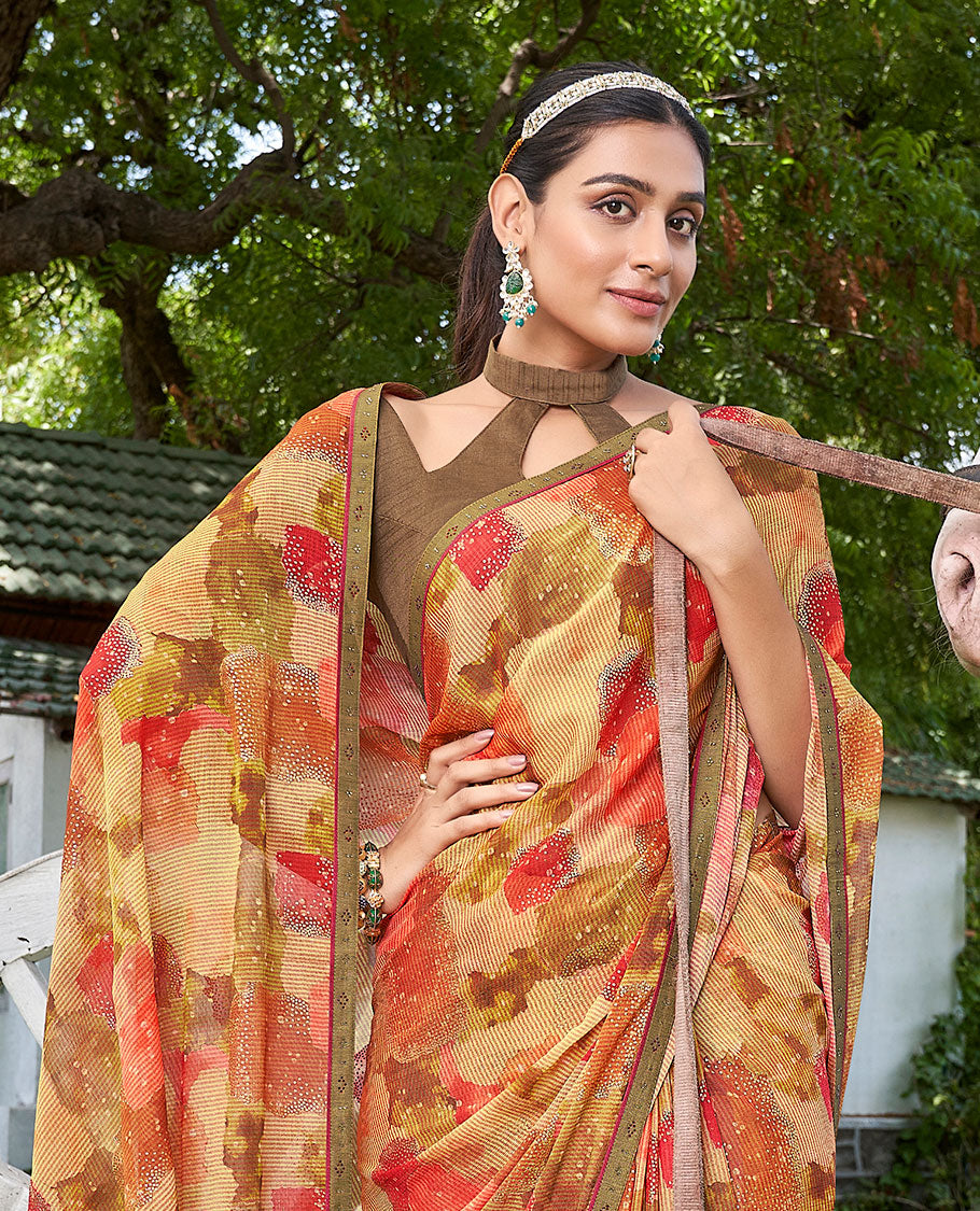 Yellow abstract-style casual wear brasso saree, contrast microstone work border