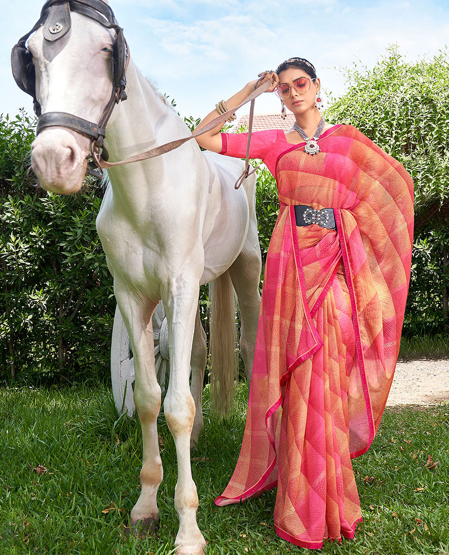 Multi-color abstract-style argyle printed casual wear brasso saree, contrast microstone work border