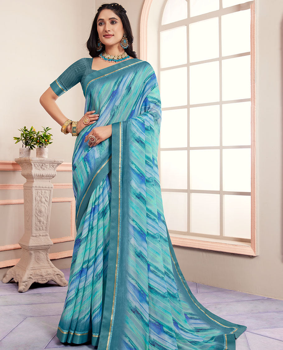 Blue abstract-style printed casual wear brasso saree, striped border