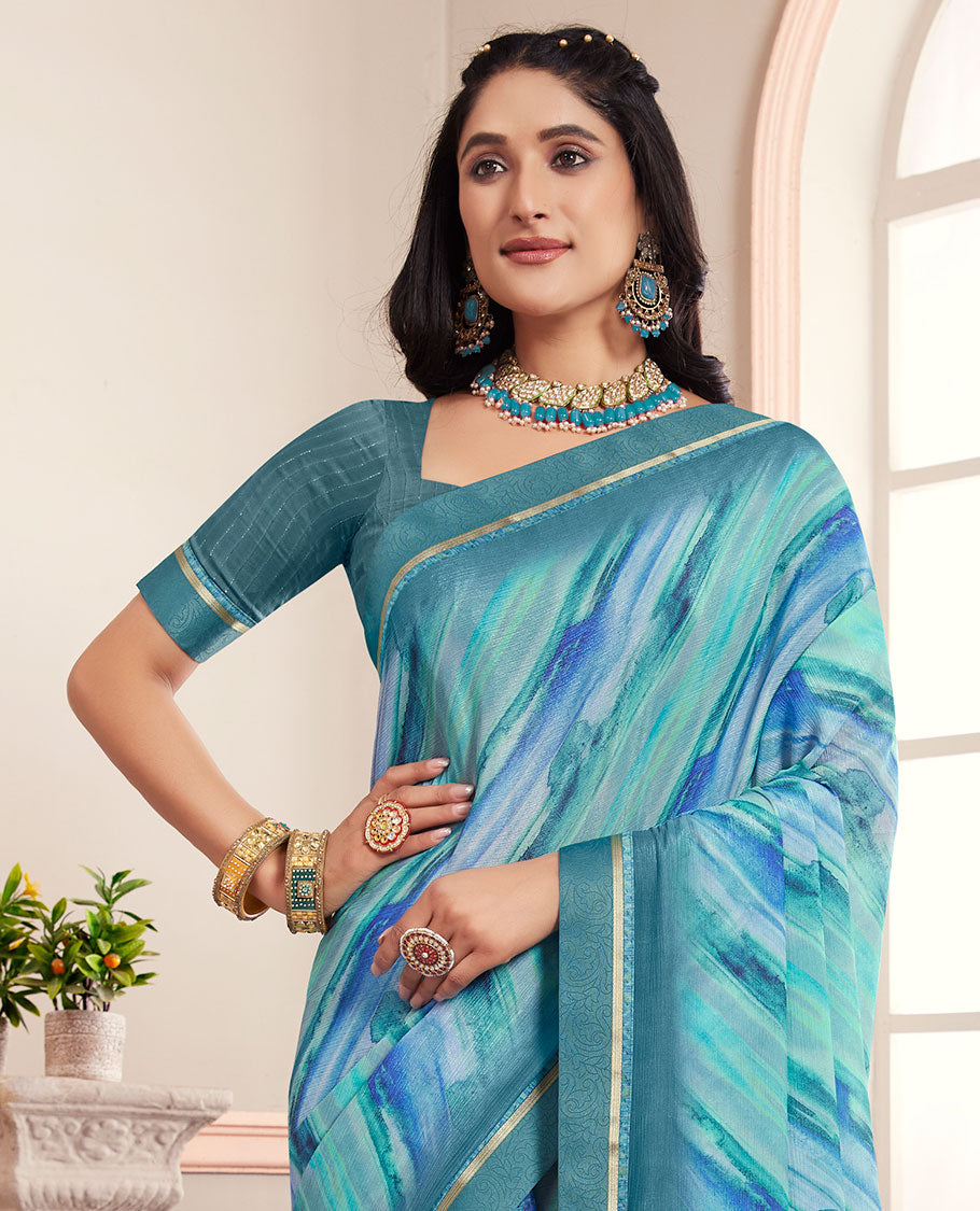Blue abstract-style printed casual wear brasso saree, striped border