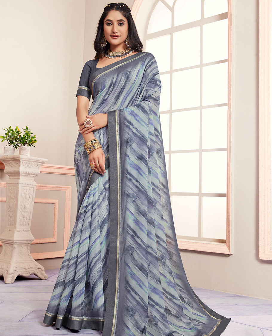 Grey abstract-style printed casual wear brasso saree, striped border