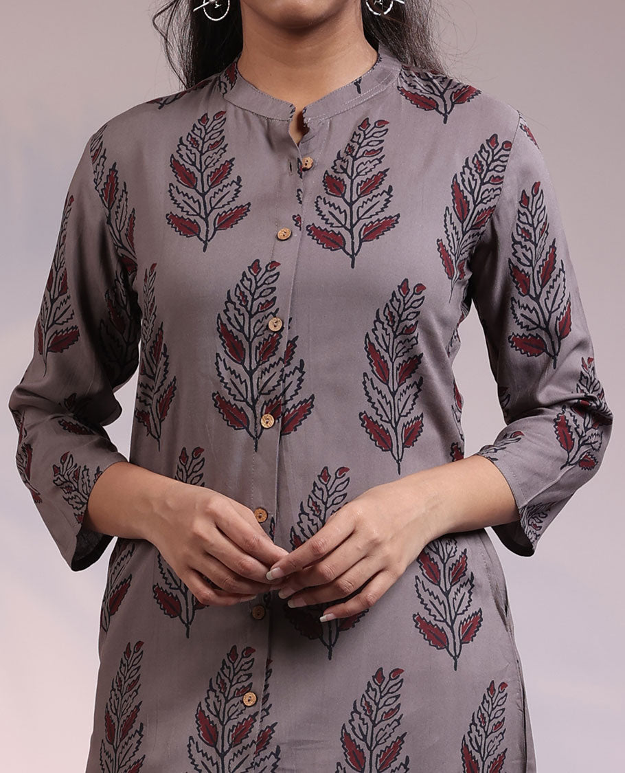 Twara grey floral printed 3/4th sleeve & Chinese collar rayon straight-cut below-knee kurti