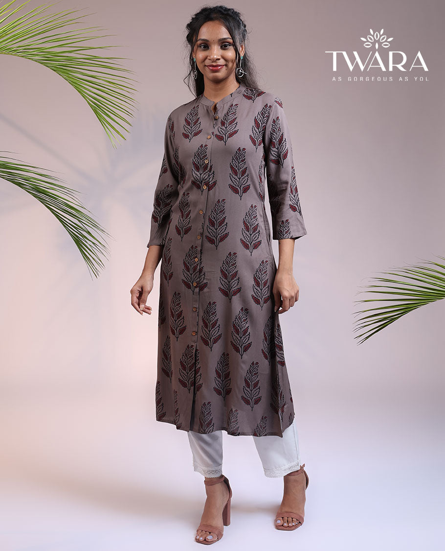 Twara grey floral printed 3/4th sleeve & Chinese collar rayon straight-cut below-knee kurti