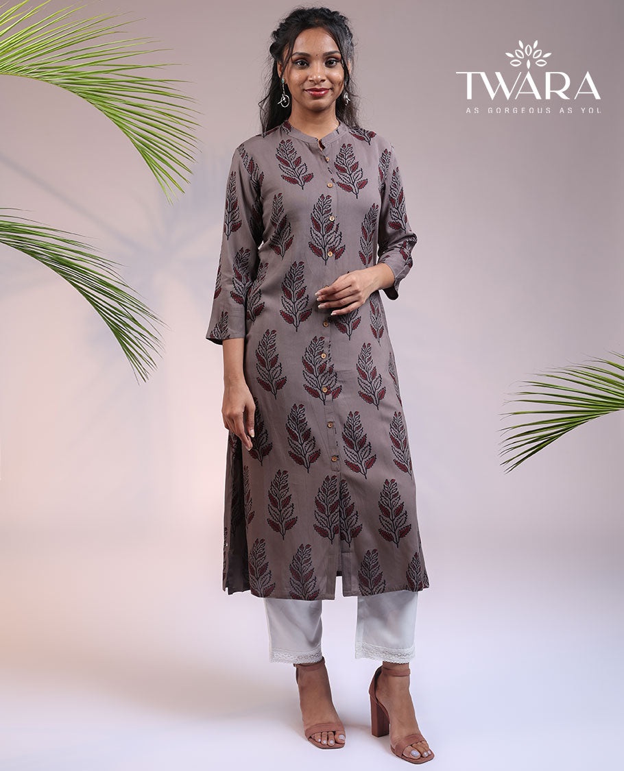Twara grey floral printed 3/4th sleeve & Chinese collar rayon straight-cut below-knee kurti