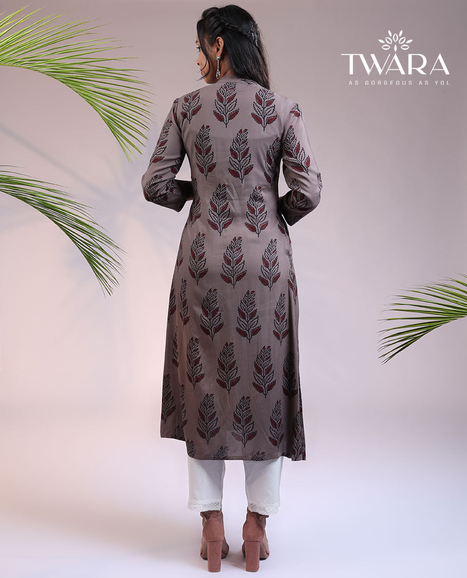 Twara grey floral printed 3/4th sleeve & Chinese collar rayon straight-cut below-knee kurti