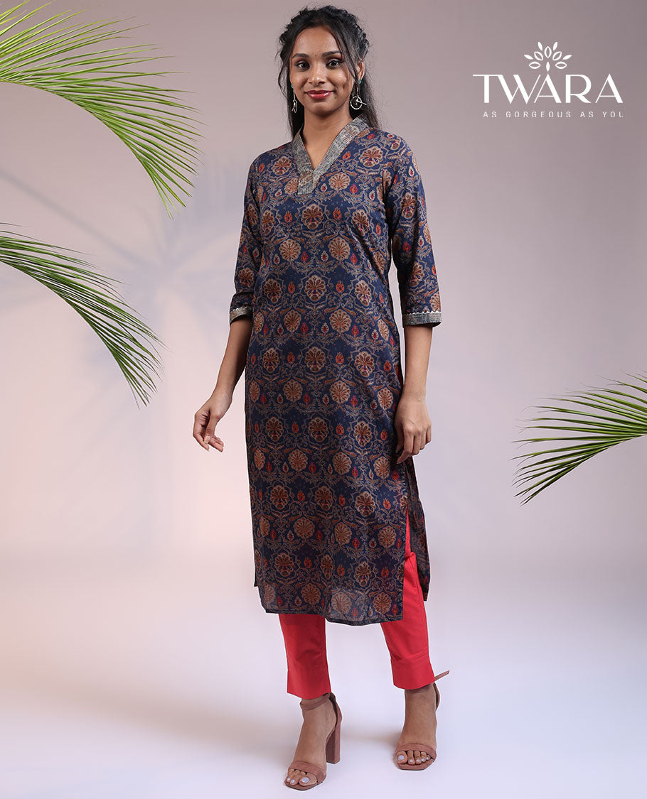 Twara blue intricately printed 3/4th sleeve & Chinese collar cotton straight-cut below-knee kurti