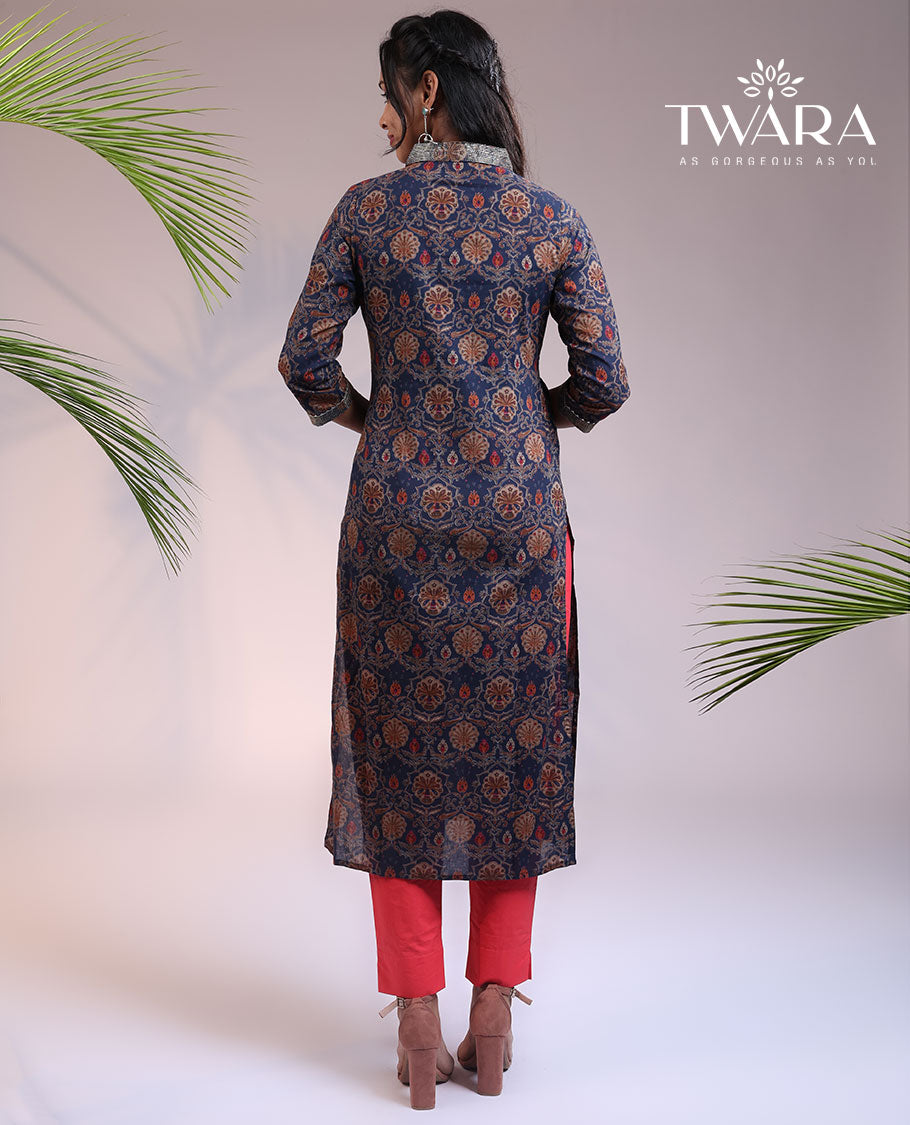Twara blue intricately printed 3/4th sleeve & Chinese collar cotton straight-cut below-knee kurti