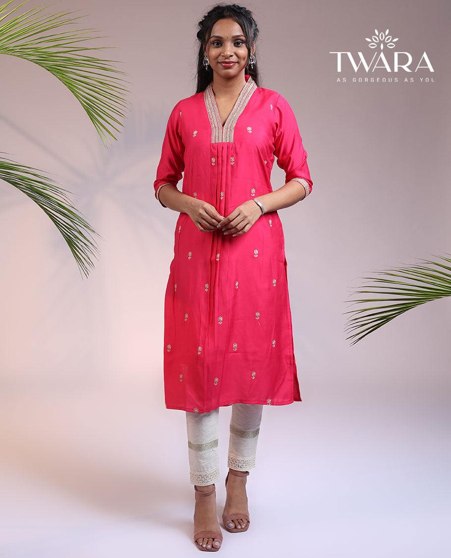 Twara pink embroidered 3/4th sleeve & V-neck muslin straight-cut below-knee kurti