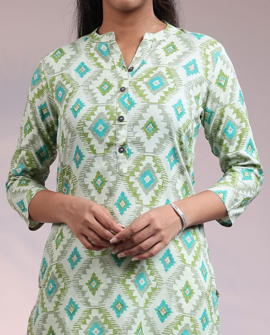 Twara multi-color geometric printed 3/4th sleeve & Chinese collar cotton straight-cut below-knee kurti