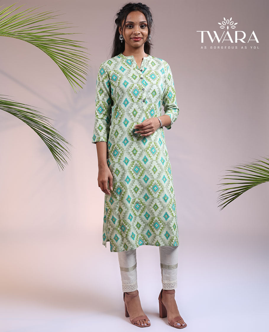 Twara multi-color geometric printed 3/4th sleeve & Chinese collar cotton straight-cut below-knee kurti