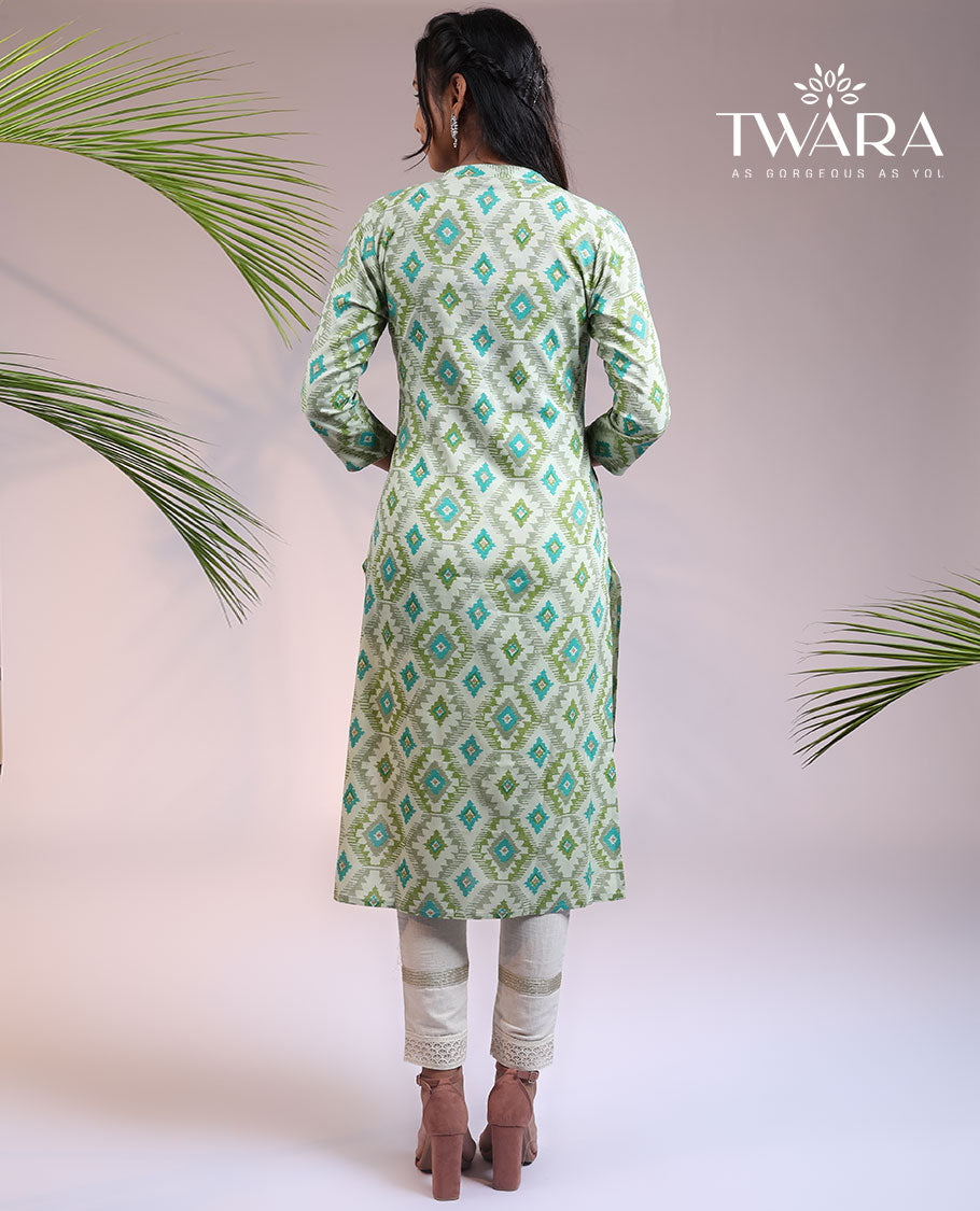 Twara multi-color geometric printed 3/4th sleeve & Chinese collar cotton straight-cut below-knee kurti