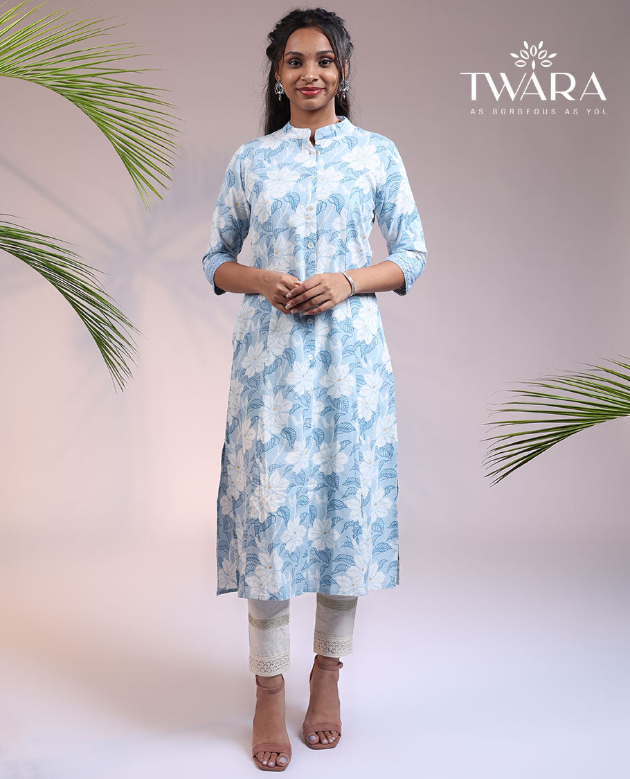 Twara blue floral printed & glitter work 3/4th sleeve & Chinese collar cotton straight-cut below-knee kurti