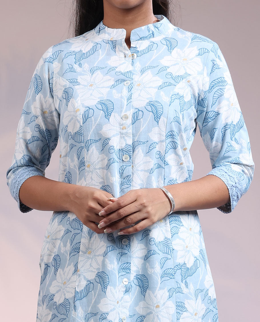 Twara blue floral printed & glitter work 3/4th sleeve & Chinese collar cotton straight-cut below-knee kurti