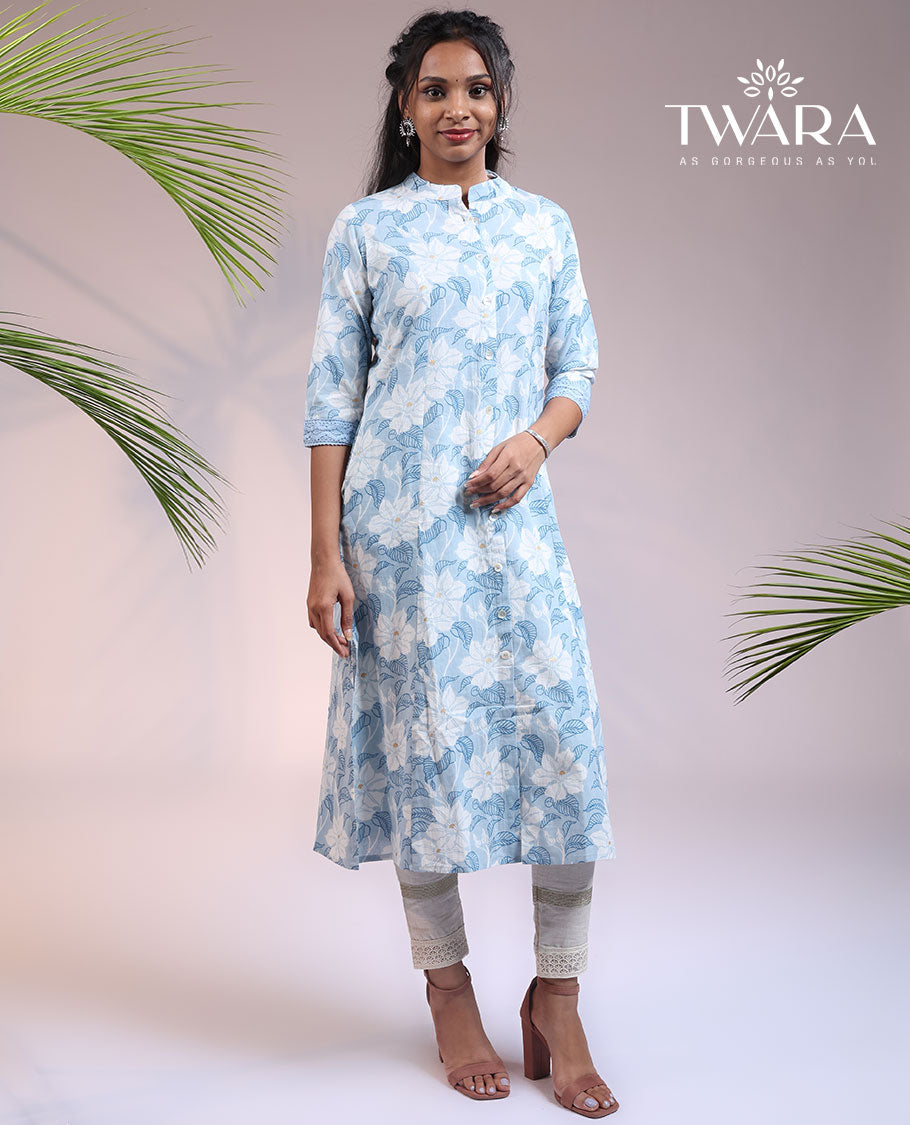 Twara blue floral printed & glitter work 3/4th sleeve & Chinese collar cotton straight-cut below-knee kurti