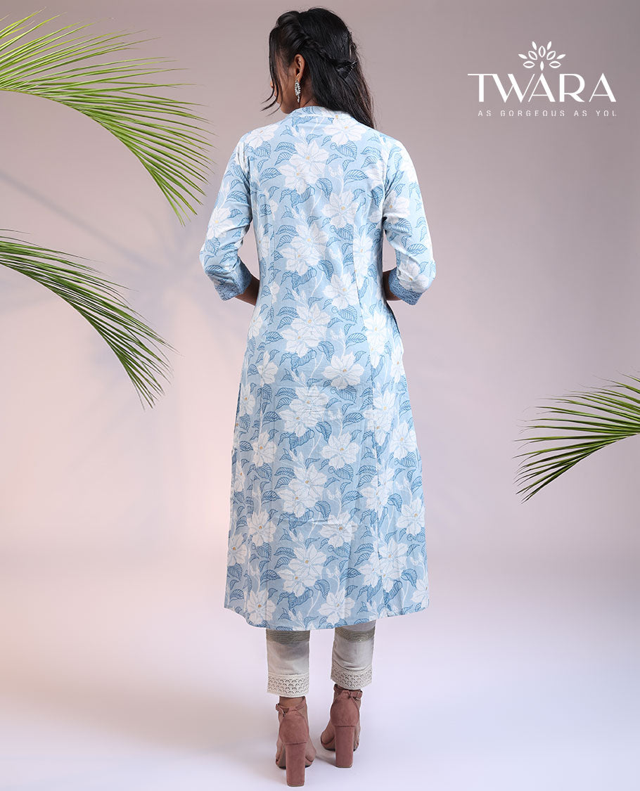 Twara blue floral printed & glitter work 3/4th sleeve & Chinese collar cotton straight-cut below-knee kurti