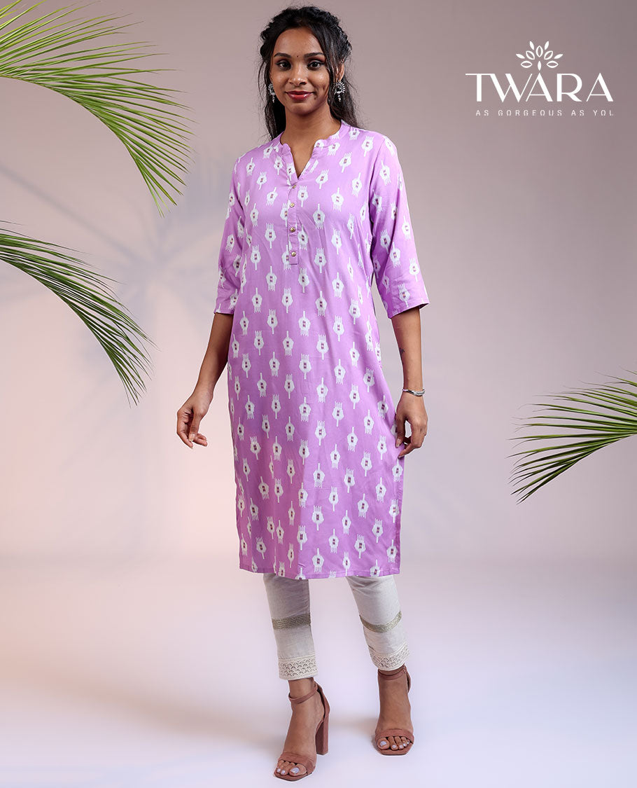 Twara lavender unique motifs printed 3/4th sleeve & Chinese collar cotton straight-cut below-knee kurti