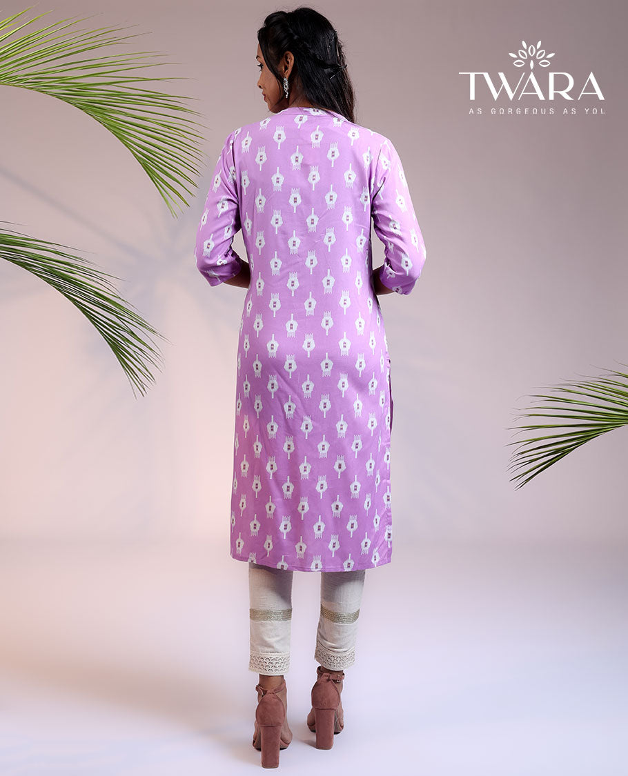 Twara lavender unique motifs printed 3/4th sleeve & Chinese collar cotton straight-cut below-knee kurti