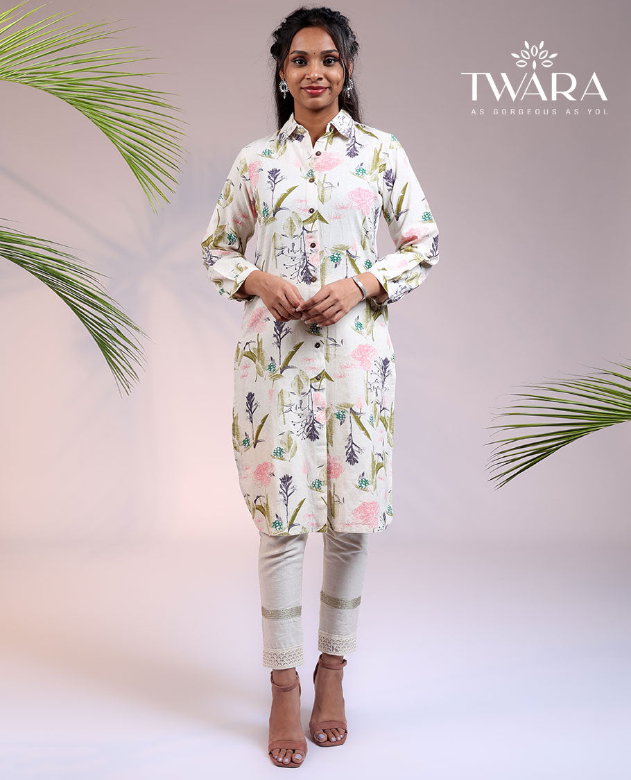Twara cream tropical floral printed 3/4th sleeve & Chinese collar cotton straight-cut above-knee kurti