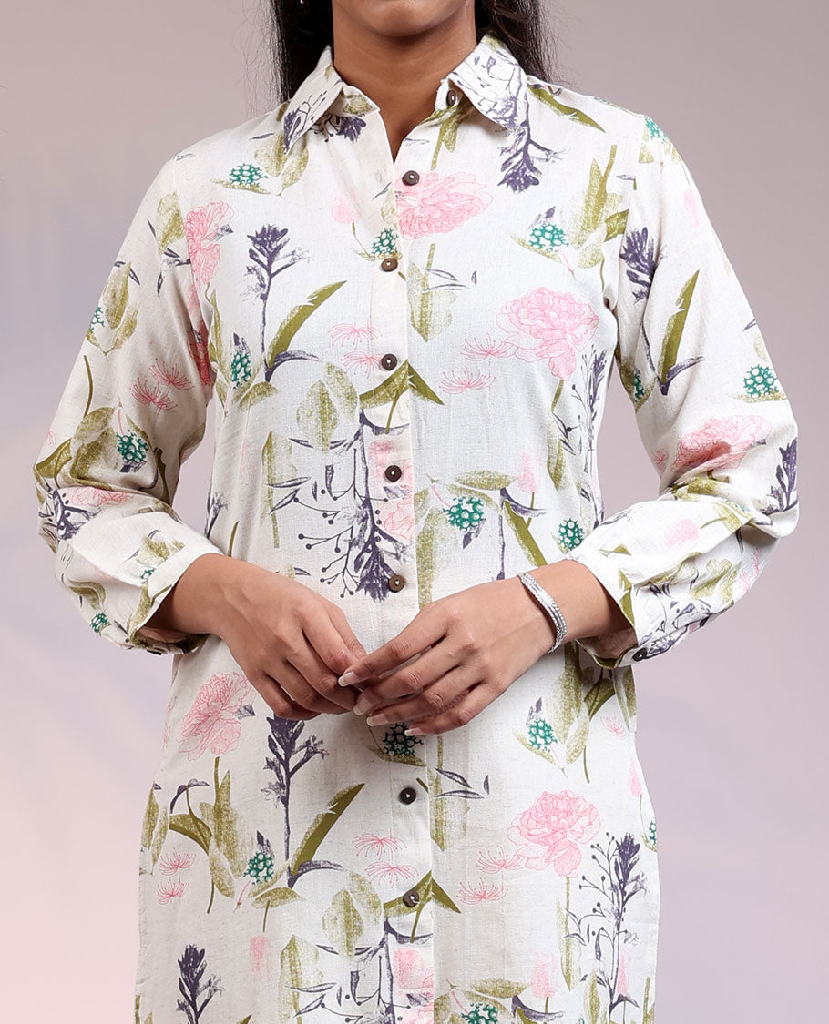Twara cream tropical floral printed 3/4th sleeve & Chinese collar cotton straight-cut above-knee kurti