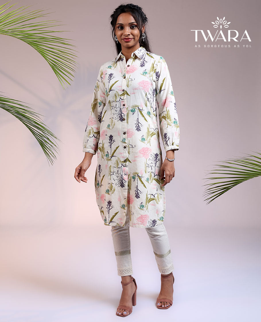 Twara cream tropical floral printed 3/4th sleeve & Chinese collar cotton straight-cut above-knee kurti