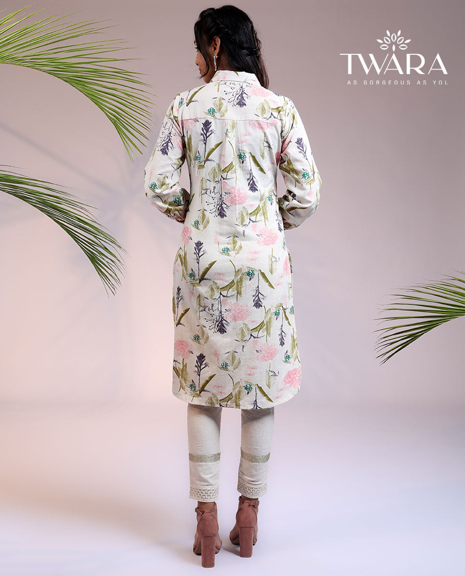 Twara cream tropical floral printed 3/4th sleeve & Chinese collar cotton straight-cut above-knee kurti