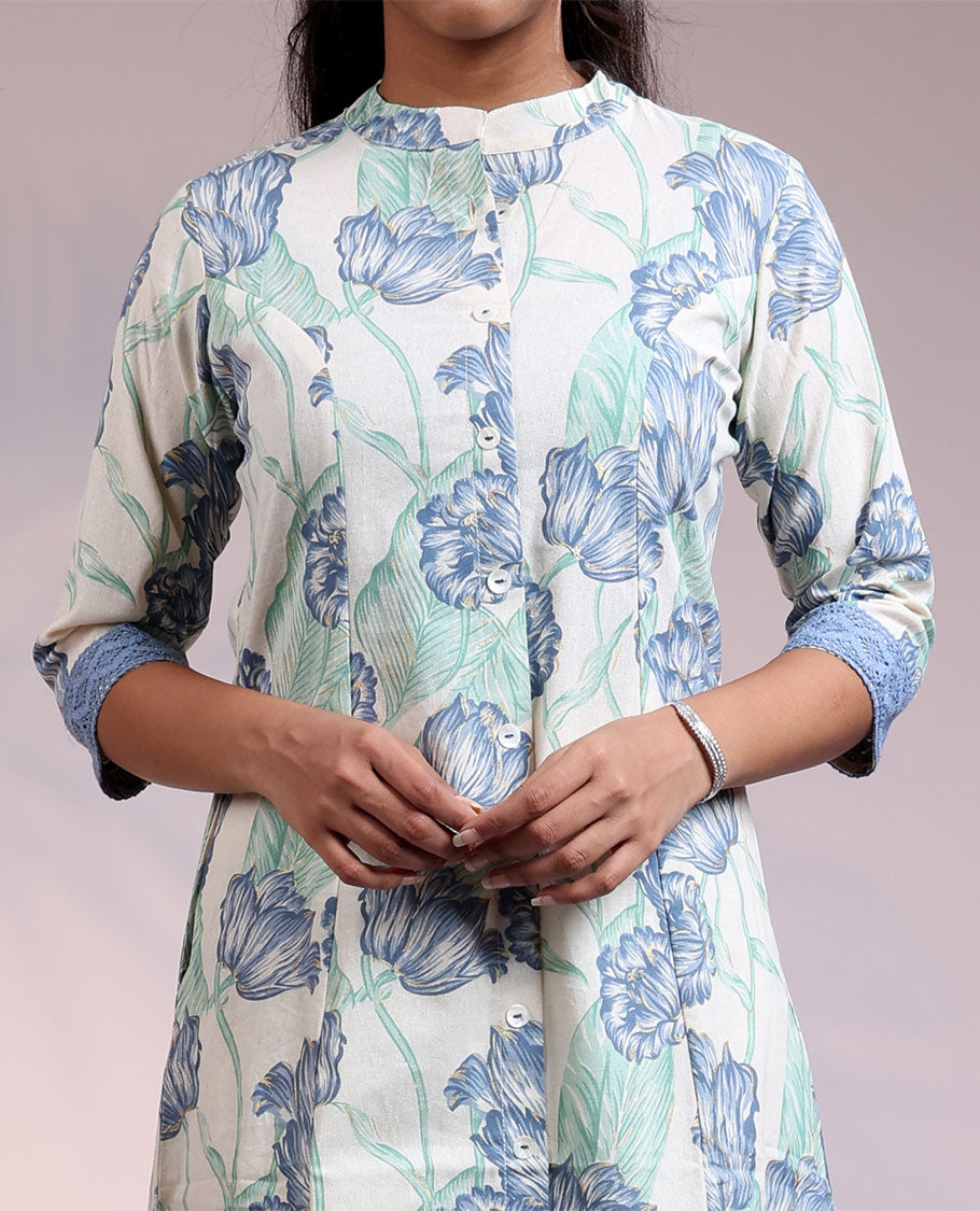 Twara cream floral vine printed 3/4th sleeve & Chinese collar cotton straight-cut below-knee kurti