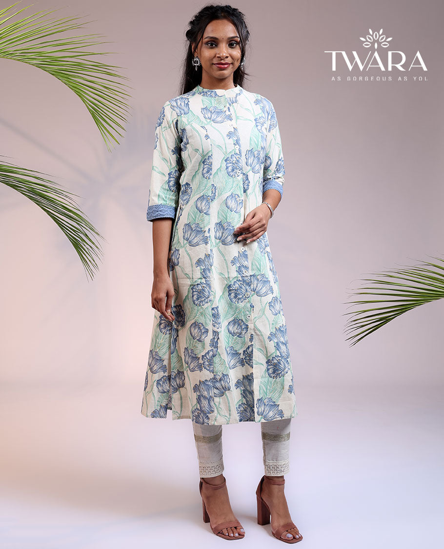 Twara cream floral vine printed 3/4th sleeve & Chinese collar cotton straight-cut below-knee kurti