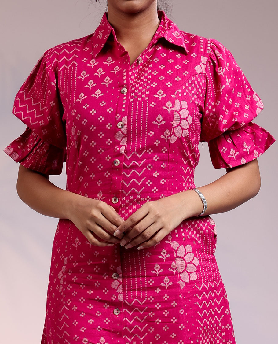 Twara pink floral & geometric designs printed puff sleeve & regular collar cotton a-line below-knee kurti