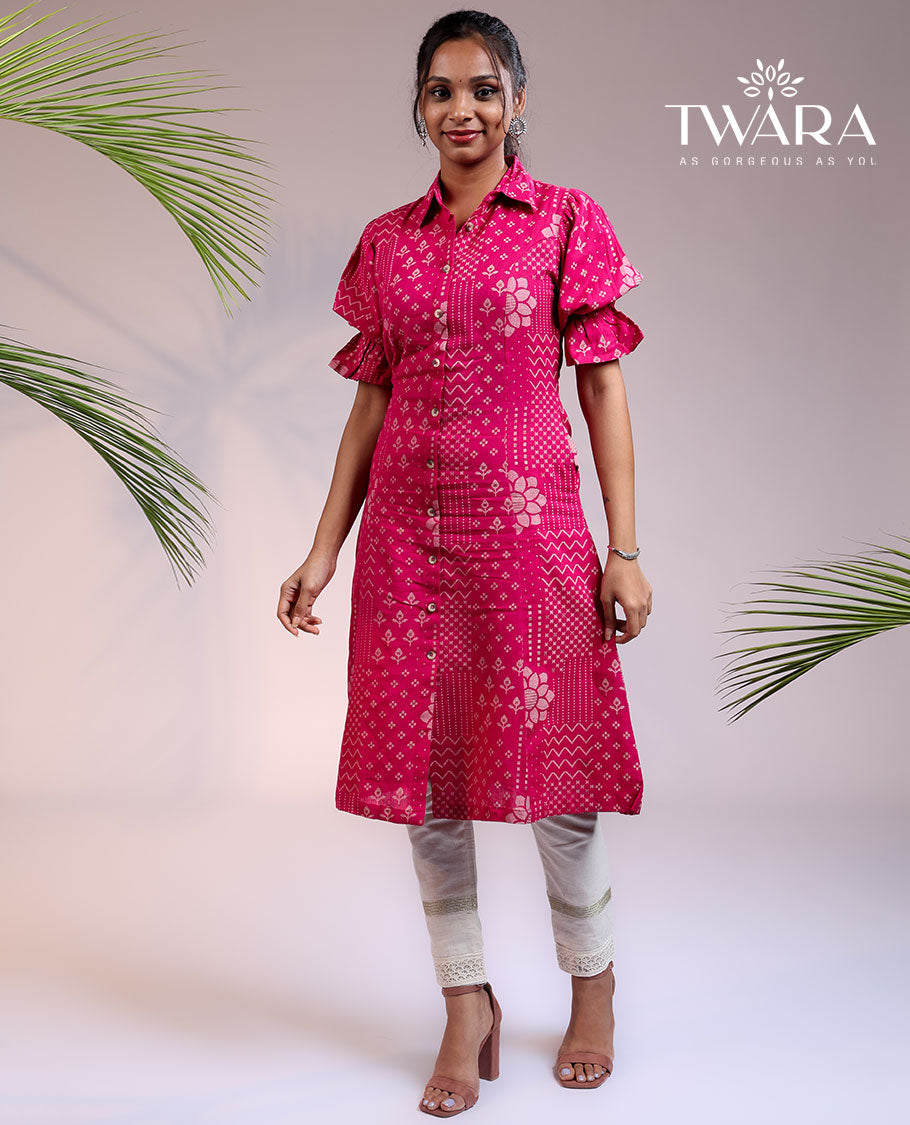 Twara pink floral & geometric designs printed puff sleeve & regular collar cotton a-line below-knee kurti