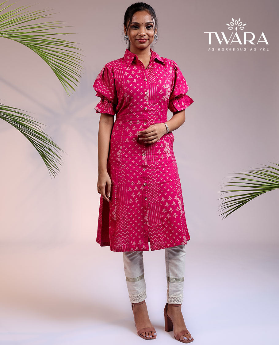 Twara pink floral & geometric designs printed puff sleeve & regular collar cotton a-line below-knee kurti